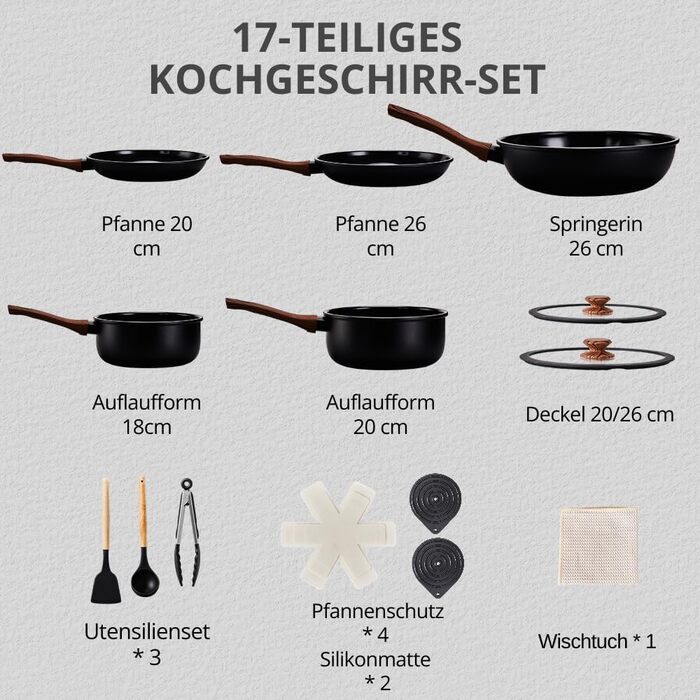 Набір каструль LEADZM з керамічним покриттям (22 частини) - сумісний з усіма плитами, без PFOA/PFOS, бежевий + чорний та натуральний кольори