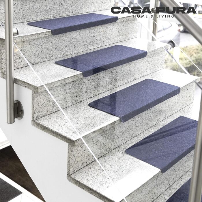 Casa Pura Stair Treads - 15 Piece Non-Slip Carpet Set for Indoor Stairs - Blue, Half-Round Design