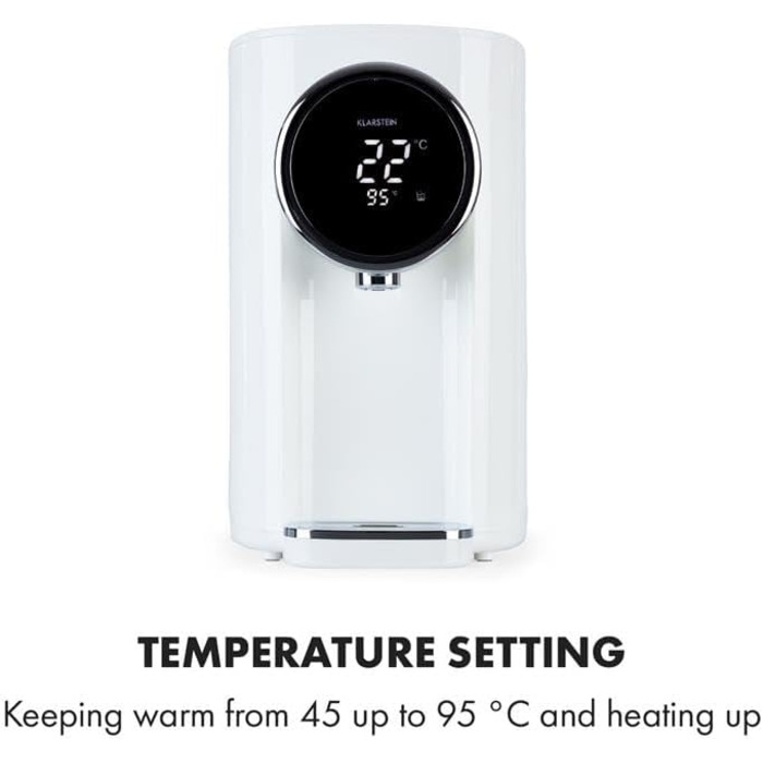 Klarstein Hot Spring Plus Hot Water Dispenser, Water Tank: 5 Liters, Large LCD Display, Temperatures: 45-95 °C, Stainless Steel Water Tank, Dry-Run & Overheat Protection, Child Lock, (White)