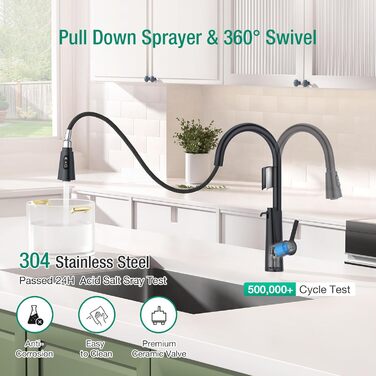 Кран кухонний CREA Wasserfall висувний з дозатором мила, нержавіюча сталь, 360° оберт, 4 режими, матовий чорний