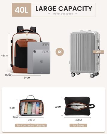Чоловічий/Жіночий рюкзак OVEVOOK для ручної поклажі, 40 л, валіза-рюкзак для подорожей, з відділенням для ноутбука, водонепроникний, для ділових поїздок та вихідних (L, чорно-бежево-коричневий)
