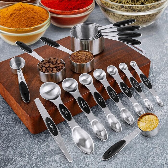 Measuring Cup and Spoon Set, 16 Pieces, Stainless Steel, 8 Nesting Measuring Cups and 7 Double-Sided Magnetic Measuring Spoon Set and 1 Leveler for Dry and Liquid Ingredients
