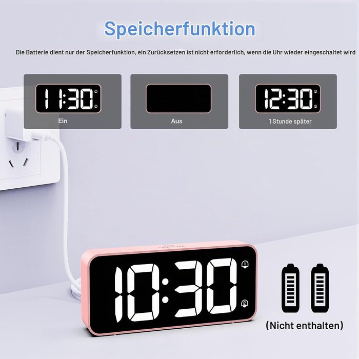 Цифровий LED будильник LATEC з 2 сигналами будильника, функцією Snooze, USB-портом для зарядки, регулюванням яскравості та гучності (90-120 дБ), 8 мелодій, формат 12/24г, мережевий, Рожевий