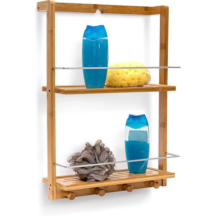 Relaxdays Shower Shelf made of Bamboo HxBxT: approx. 53 x 38 x 15.5 cm Shower shelf with 2 shelves made of moisture-resistant wood Hanging shelf for the bathroom as a practical hanging shelf with 4 towel hooks, natural