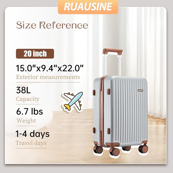 Валіза ручної поклажі з жорстким корпусом та 4 обертовими колесами, з TSA-замком (Сріблястий, 20 дюймів)