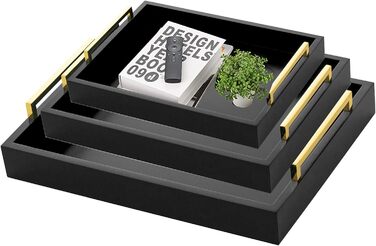 Hanobe Serving Tray Decor Tray Wood: Set of 3 Black Decorative Wooden Trays with Gold Handles Coffee Table, Rectangular Jewelry Tray, Bedside Table Tray, Modern Candle Tray, Coffee Decor Tray
