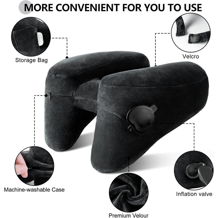 Sunany Neck Pillow Airplane with Hood, Travel Pillow for Airplane and Car Travel, Inflatable and Comfortable Travel Neck Pillow Adults, Supports Head, Neck, and Chin - Black