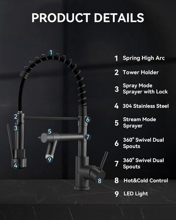 LED кухонний змішувач Warmiehomy з поворотним виливом 360°, 2 виходи, високий вигин, спіральна пружина, чорний