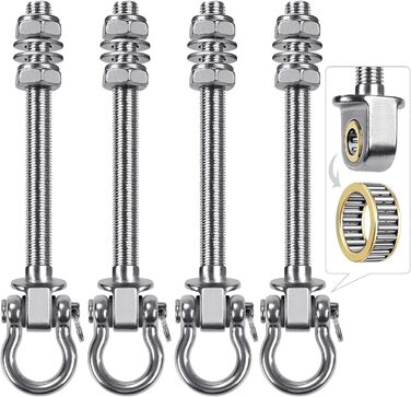 BeneLabel 4-Piece Swivel Hook Bearing, Hammock Attachment for Wooden Beams, M10 Heavy-Duty Hanging Chair Suspension, Concrete Ceiling, 245mm Stainless Steel Swivel, Punching Bag Ceiling Bracket, Screw-in Eye Bolts, Up to 680kg