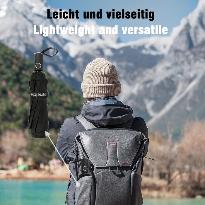 Чорний парасолька Herreicher туристичний автоматичний штормостійкий з алюмінієвим каркасом, компактний, 102 см, 10 спиць, для чоловіків/жінок/дітей/літніх людей