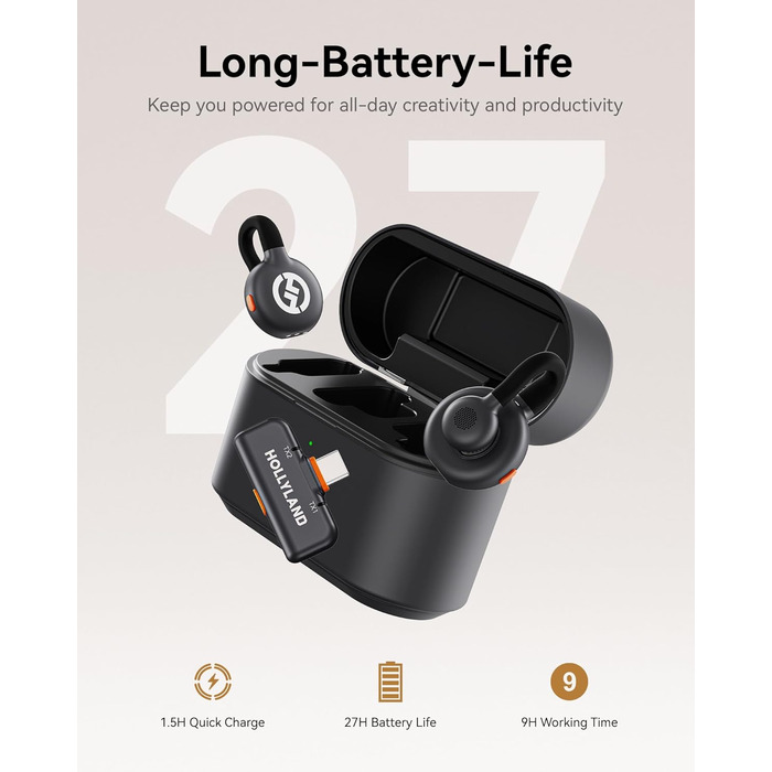 Hollyland Lark M2S Бездротовий мікрофон-лапка з USB-C для iPhone 15/16 та Android, кліпса з титану, Plug-and-Play, шумозаглушення, радіус дії 300 м, 27 годин роботи від акумулятора (2TX+1RX+зарядний пристрій) Чорний