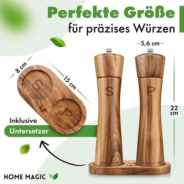 Набір з 2 мельниць для солі та перцю Pfeffermühle Holz з акації з підставкою | Преміум якість, керамічний механізм