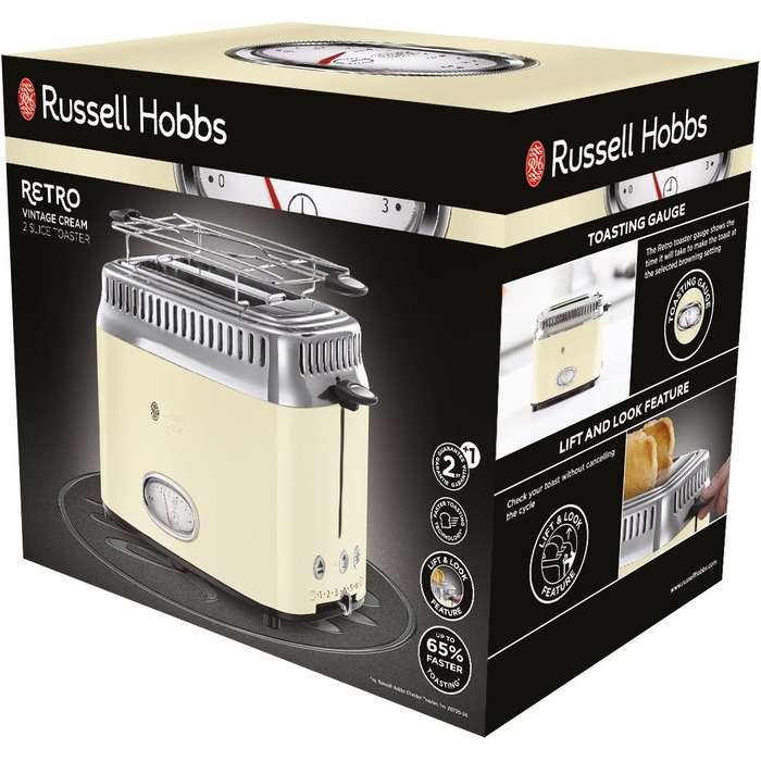 Russell Hobbs Toaster [for 2 slices] Retro Stainless Steel Cream (Retro-style countdown display, includes bun warmer, 6 browning levels + defrost & reheat function, 1300W) Vintage 21682-56