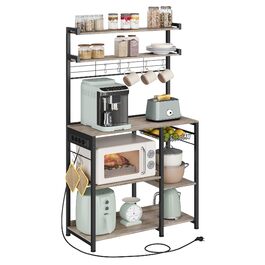 Полиця кухонна VASAGLE з розетками, стелаж для мікрохвильової печі, 8 гачків S-подібної форми, кухонний шафчик, органайзер для спецій, 40 x 90 x 165,5 см, коричневий вінтаж та чорний, KKS031K11