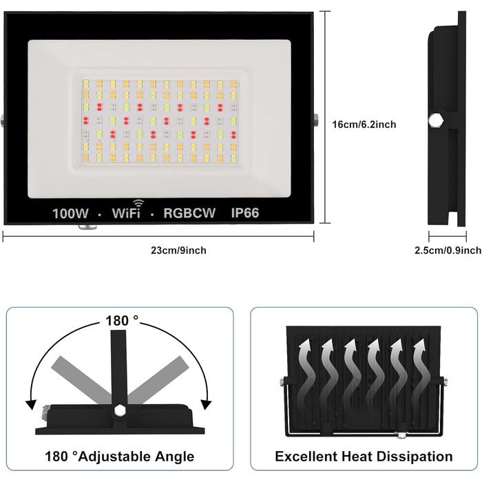 LED Floodlights Outdoor, 100W Smart RGB Floodlights with Remote Control and Bluetooth App, LED Floodlight Spotlights Color Changing Projector, IP66 Waterproof Floodlight for Gardens, Courtyards (2 Pack) (100w-rgb-app-4p)