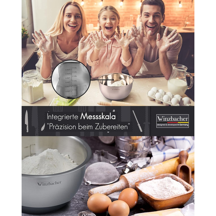 Stainless Steel Bowl Set with Lids [Set of 5] 1L + 1.5L + 2.5L + 3.5L + 4.5L | Mixing Bowls, Salad Bowls, Bowl Set | Non-slip | Stackable | Dishwasher Safe | Includes Grater