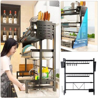 Підставка для посуду Saterkali 2-ярусна велика з нержавіючої сталі для мийки та кухонного столу, телескопічна, велика місткість