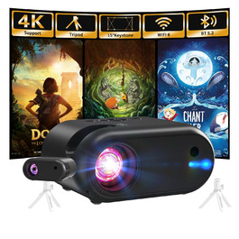 Портативний проєктор Mini Beamer 1080p з Wi-Fi, Bluetooth та штативом. Підтримка HDMI, USB, смартфонів, TV-Stick. Ідеально для домашнього кінотеатру та спальні. Чорний колір.