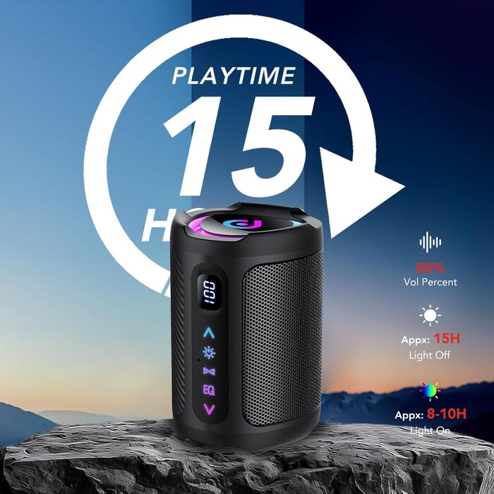 Bluetooth колонка з підсвіткою 2026 Musikbox: Портативна колонка Bluetooth 5.4, 15 Вт, Покращений бас, IPX7 водонепроникна, для подорожей, спорту, вечірок, велосипедів, Чорний