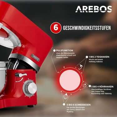 Кухонна машина Arebos 1500W з двома чашами з нержавіючої сталі 4.5 та 5.5L, 6 швидкостей | Міксер з набором насадок (крюк для тіста, міксер, вінчик) та захистом від бризок