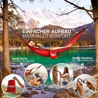 Hammock Outdoor with Mosquito Net for 2 People | 660 lbs (300kg) Weight Capacity | Double Hammock with Attachment Set | Nylon Camping Travel Hammock | 114.2 x 55.1 inches (290x140cm) (Red)