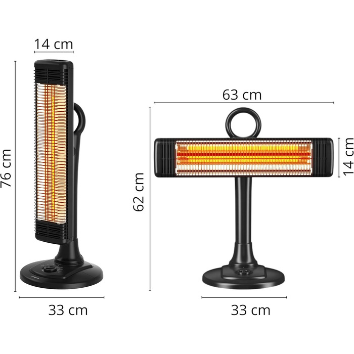 Інфрачервовий обігрівач Climative 2500W з 9 рівнями, IP65, для тераси та приміщення, з пусковим пристроєм та таймером, чорний (фіксований)