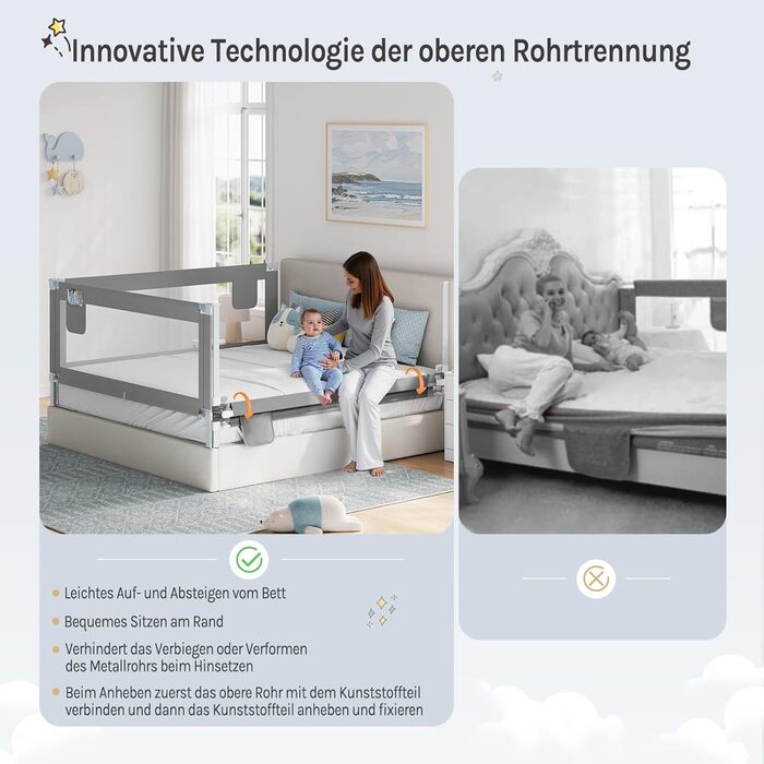 WOLTU Bed Rail, Bed Protection Rail for Children's Beds & Adult Beds, Retractable Child Bed Rail 180 cm, Fall Protection Height Adjustable 69-87 cm, Dark Grey 180cm Dark Grey
