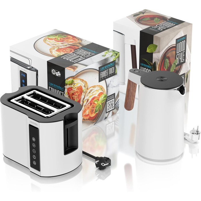 Набір Arendo: Електричний чайник з регулюванням температури та тостер на 4 скибочки з підігрівом - нержавіюча сталь, білий матовий