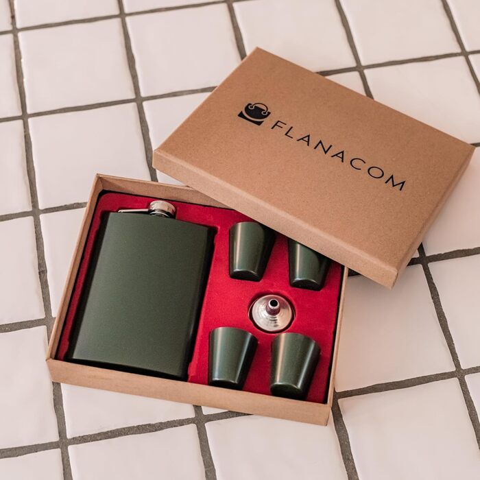 Набір фляга з нержавіючої сталі з келихом та воронкою • Військовий дизайн • Зелений • 9 oz / 265 ml • Для піших прогулянок