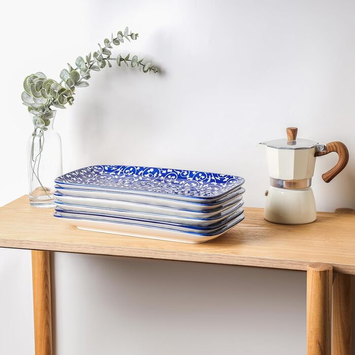 Сервіровочні тарілки Selamica Keramik, набір 6 шт., 24 x 14 x 2.5 см, вінтажний блакитний, для суші, закусок, фруктів