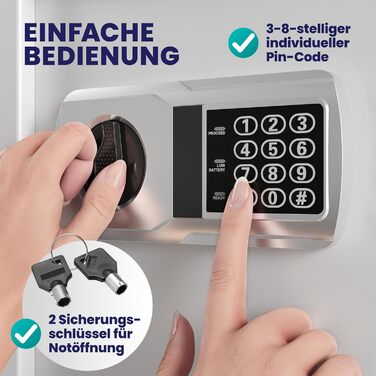 DEUBA® XXL електричний сейф 35x40x40 см, 4 мм, з подвійними сталевими болтами, внутрішнім освітленням, монтажним комплектом. Сейф для документів, меблевий сейф, срібний