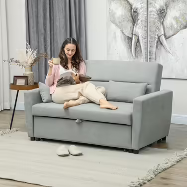 HOMCOM Sleeper Sofa, 2-Seater Sofa Bed with Sleeping Function, Adjustable Backrest, Couch with Cushions, Velvet Look, Sleeper Sofa with Storage Box for Living Room, Guest Room, Light Grey | Aosom