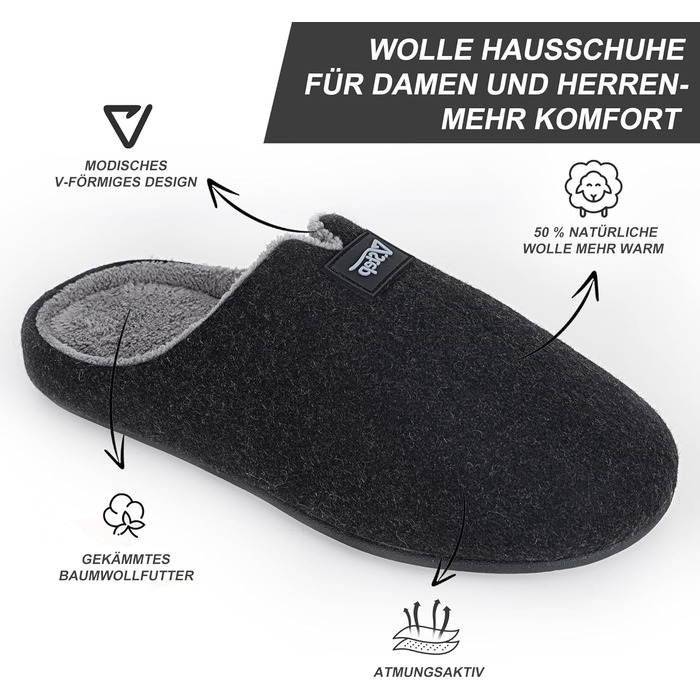 Фетрові домашні тапочки V.Step з пам'яттю форми, антиковзкі, зимові, чорні, 40/41 EU (для жінок та чоловіків)