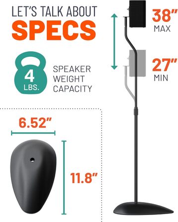 Підставка для акустики ECHOGEAR з регулюванням висоти - універсальна сумісність, сталевий каркас, кабель-менеджмент, антиковзні ніжки