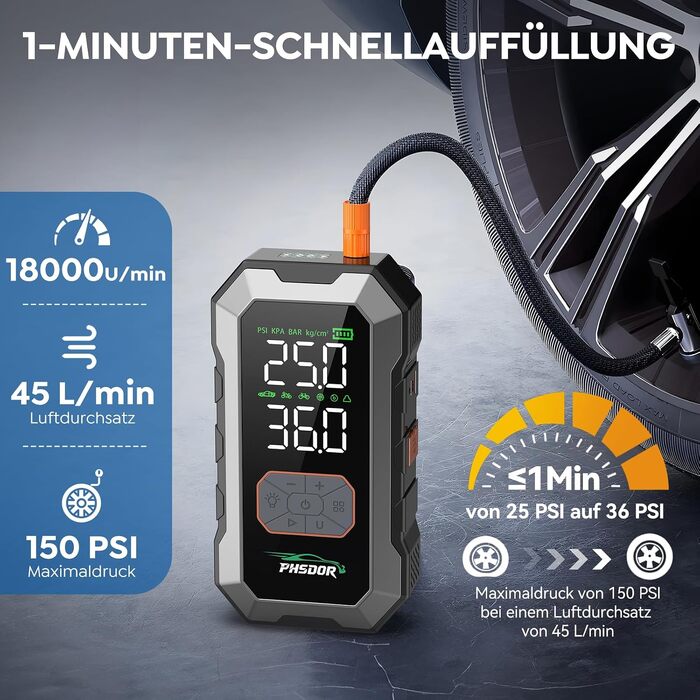 Пусковий пристрій (бустер) для авто 8000A з компресором 150 PSI та Powerbank 25000mAh, Jump Starter для бензинових та дизельних двигунів до 10.0L, з LED-ліхтарем, сріблястий
