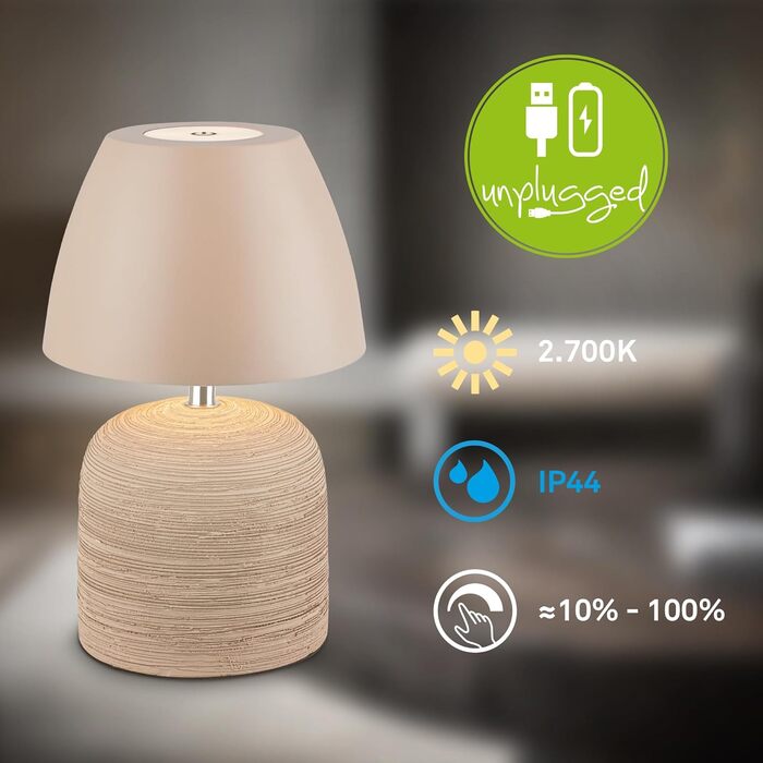 LED настільна лампа BRILONER бездротова IP44 з сенсором, диммуванням, керамічним цоколем, для дому та саду, 13,5x22 см, Бежева