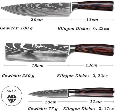 Набір кухонних ножів Camkum 3 шт: кухонний ніж, ніж Nakiri, ніж для фруктів. З нержавіючої сталі EN1.4116, подарункова упаковка