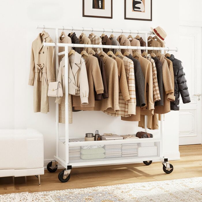 Подвійний мобільний вішак для одягу з кошиком для білизни, металевий (110 кг), білий - міцний вішак для пальт, суконь, светрів