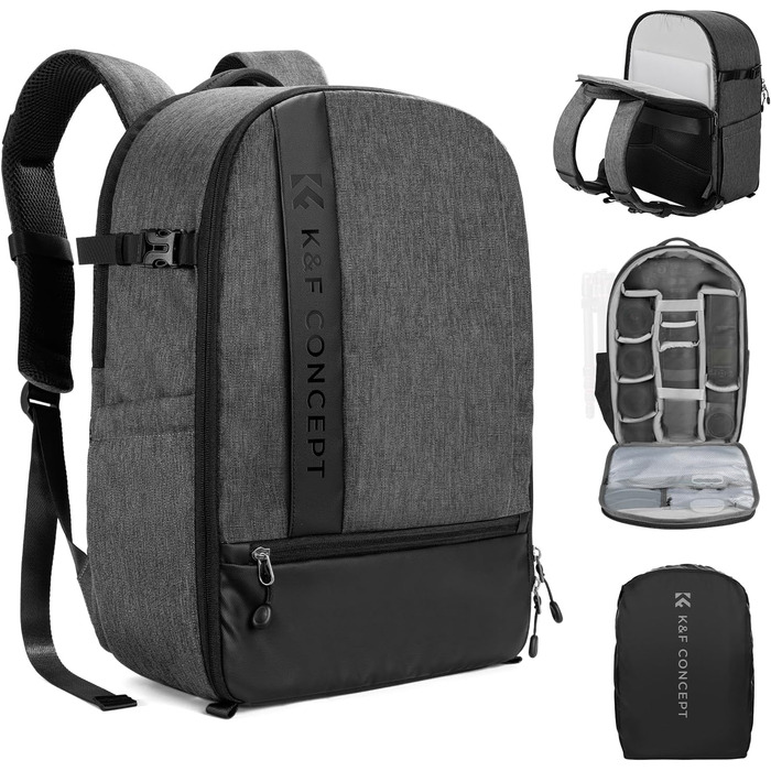 Рюкзак для камери K&F Concept 18L сірий з відділенням для ноутбука 15.6 дюймів та захистом від дощу