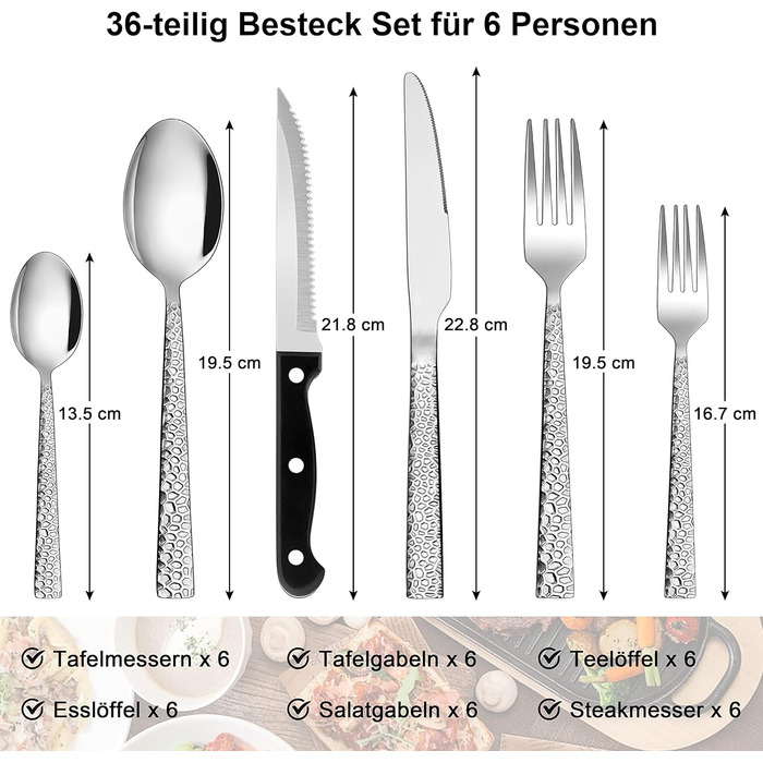 Homikit Cutlery Set, 36-Piece Cutlery Set with Steak Knives, Stainless Steel Polished Eating Cutlery for 6 People with Spoon, Knife, Fork, Hammered Flatware, Rust-Proof & Dishwasher Safe