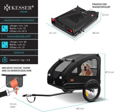 KESSER® Будь-куди з собакою: переносний візок для собак Боксер 2-в-1, великий (250л), чорний - з прапорцем та сумкою, 600D Oxford Canvas, складаний, SmartSpace