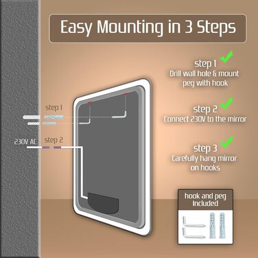 Дзеркало для ванної кімнати Venti 60x60 см з підсвічуванням та сенсорним вимикачем, LED дзеркало для ванної, квадратне дзеркало на стіну