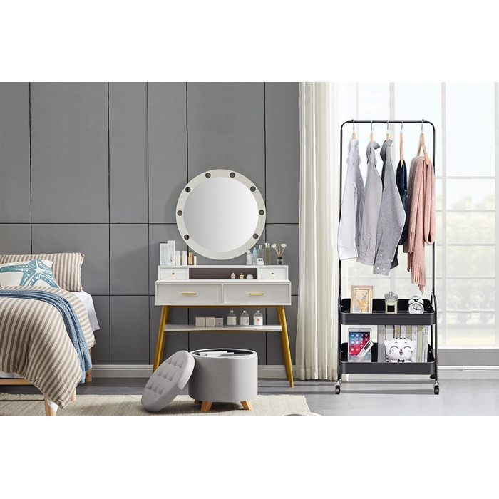 Metal Clothes Rack with 2 Shelves and Clothes Rod on Wheels, Wardrobe Stand for Bedroom, Living Room, Hallway at Home and the Office (White/Black)