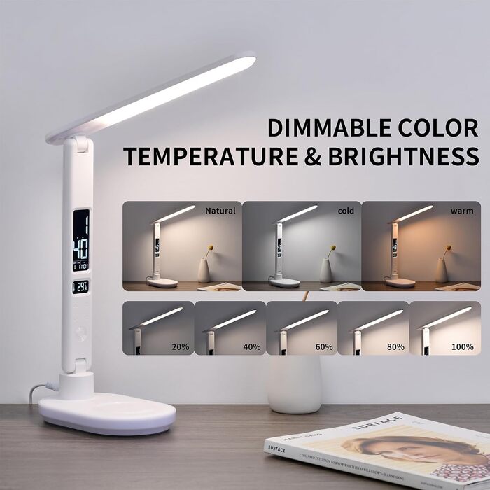 LED настільна лампа з USB зарядкою, годинником, LCD дисплеєм та регулюванням температури для спальні, офісу (біла)