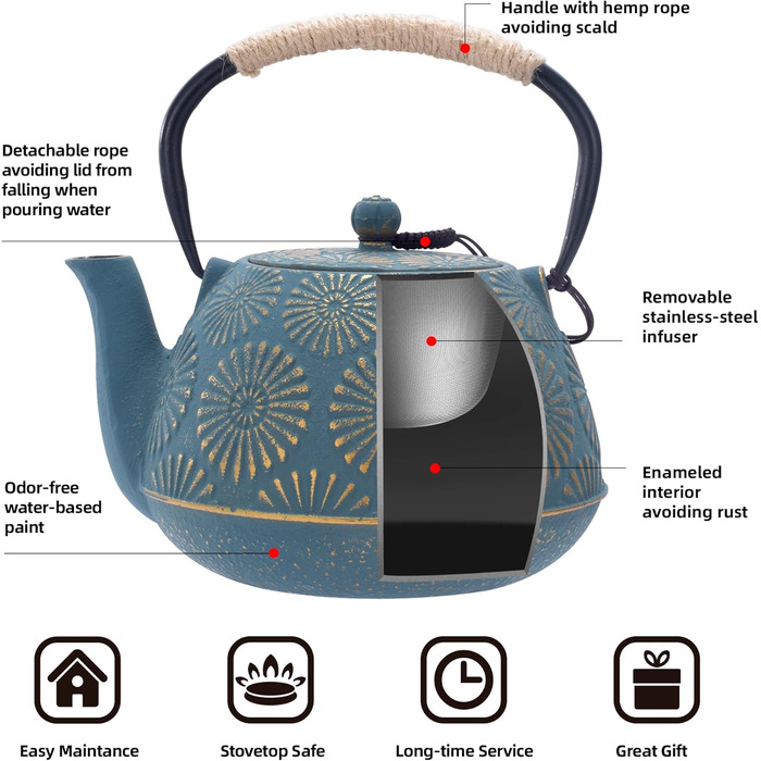 MILVBUSISS Cast Iron Teapot, 1200 ml, Large Capacity, Stovetop Kettle with Infuser, Japanese Teapot for Loose Leaf Tea, Coated with Enamelled Interior, Silicone Handle
