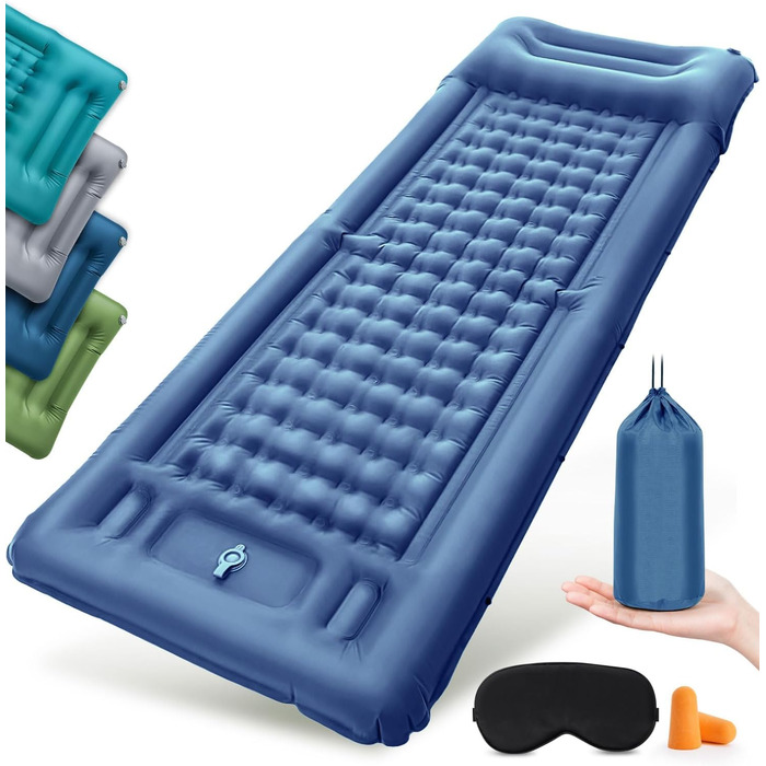 Надувний килимок Isomatte самонадувний з інтегрованими подушками для кемпінгу, подорожей, пляжу, пікніка, намету (Темно-синій, Одинарний)