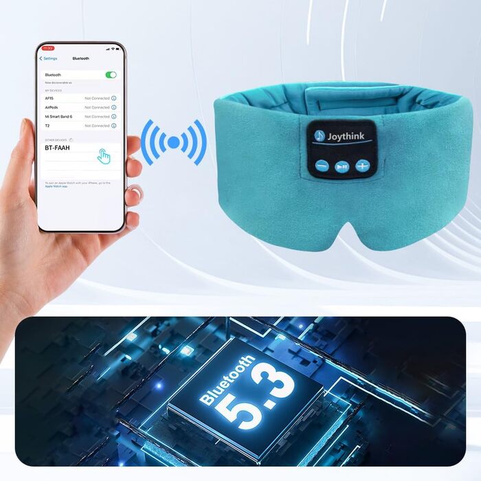 Маска для сну Joythink з Bluetooth 5.3 навушниками, шовкова, для бічного сну, 16 год. автономії, миюча, для подорожей, медитації (блакитна)