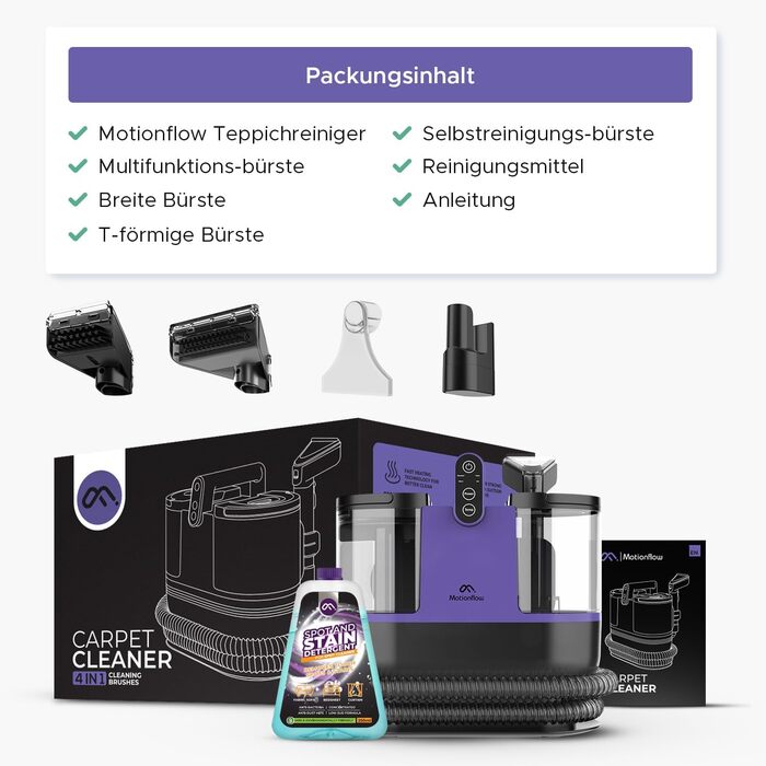 Теперішній мийний пилосос Motionflow з нагрівом - 1200W для килимів, меблів, авто. 4 насадки, самоочищення, 15с нагрів. Чорний