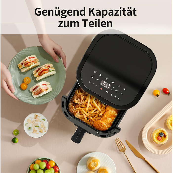 TOKIT Фритюрниця повітряна 1500W, 4.5L, 10 функцій, 360° циркуляція, низький вміст жиру, швидка приготування, компактна (чорний)