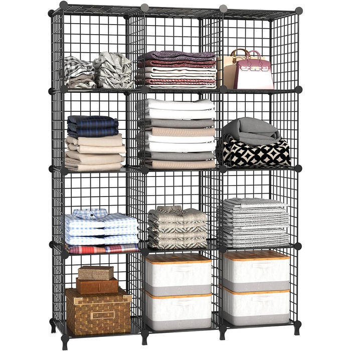AWTATOS Regal 12 Regal Wire Cube Stackable Shelf Cube DIY Metal Grid Shelf Cube Bookshelf Cube Shelf With Doors For Living Room, Bedroom, Bathroom Black USCIH12BE